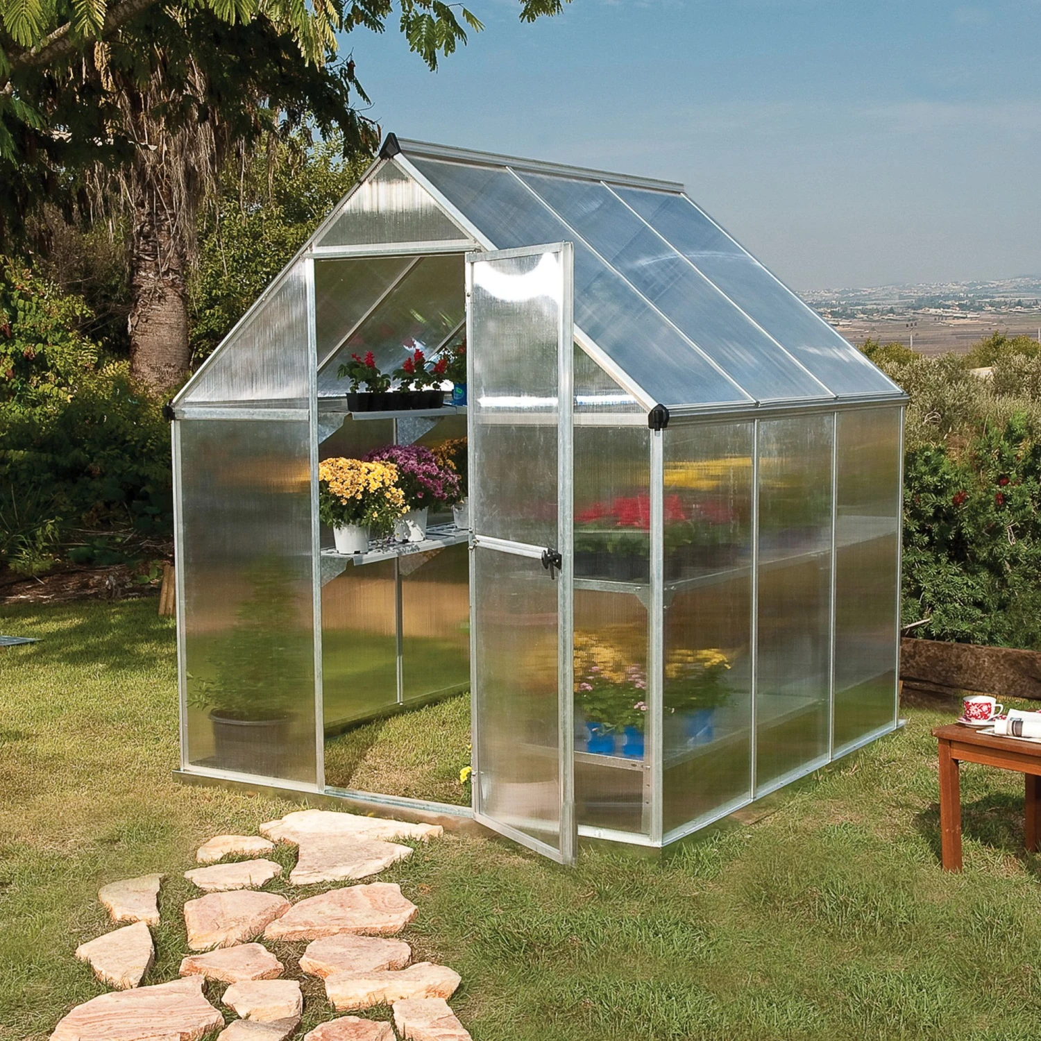 6'x6' Palram Canopia Mythos Small Silver Polycarbonate Greenhouse (1.8x1.8m) 4 6'x6' Palram Canopia Mythos Small Silver Polycarbonate Greenhouse (1.8x1.8m) - Image 2