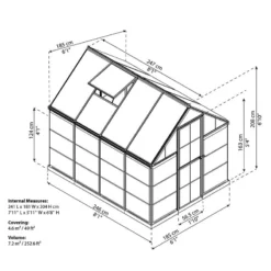 6' X 8' Palram Canopia Hybrid Grey Greenhouse (1.85m X 2.41m) -Zen Gardenia Sales 702768 hybrid 6x8 grey greenhouse drawing min 1