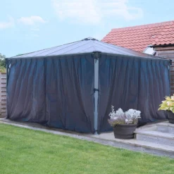 14x14 Palram Canopia Palermo 4300 Grey Garden Gazebo -Zen Gardenia Sales 704044 palram palermo 4300 garden gazebo grey curtains1