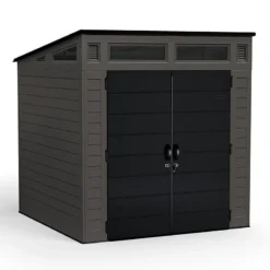 7' X 7' Suncast Modernist Plastic Garden Storage Shed - Peppercorn (2.20m X 2.22m) -Zen Gardenia Sales bms7780 7x7 suncast modernist plastic garden storage shed peppercorn cutout min 1