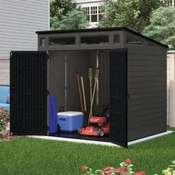 7' X 7' Suncast Modernist Plastic Garden Storage Shed - Peppercorn (2.20m X 2.22m) -Zen Gardenia Sales bms7780 7x7 suncast modernist plastic garden storage shed peppercorn insitu2 min 1