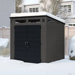 7' X 7' Suncast Modernist Plastic Garden Storage Shed - Peppercorn (2.20m X 2.22m) -Zen Gardenia Sales bms7780 7x7 suncast modernist plastic garden storage shed peppercorn insitu3 min 1