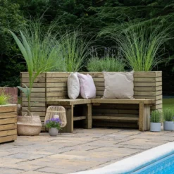 Forest Double Sleeper Corner Wooden Garden Bench 3'11 X 3'11 (1.2m X 1.2m) -Zen Gardenia Sales cornben12 forest double sleeper bench insitu5 min