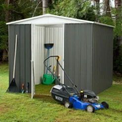 7'5 X 5' Absco Regent Apex Metal Shed - Grey (2.26m X 1.44m) -Zen Gardenia Sales esdxl20met121 7x5 regent grey insitu2 min