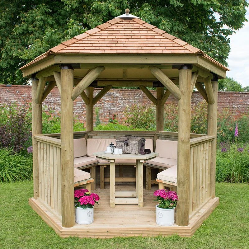10'x9' (3x2.7m) Luxury Wooden Furnished Garden Gazebo With New England Cedar Roof - Seats Up To 10 People 3 10'x9' (3x2.7m) Luxury Wooden Furnished Garden Gazebo With New England Cedar Roof - Seats Up To 10 People