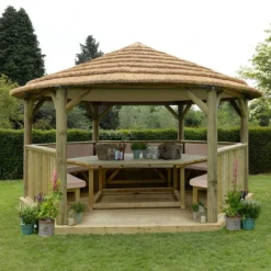 15'x13' (4.7x4m) Luxury Wooden Furnished Garden Gazebo With Thatched Roof - Seats Up To 19 People