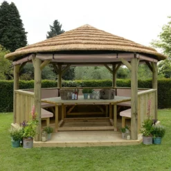 15'x13' (4.7x4m) Luxury Wooden Garden Gazebo With Thatched Roof - Seats Up To 19 People -Zen Gardenia Sales hgg47mctrlcin 4.7m gazebo thatch cream furnishing