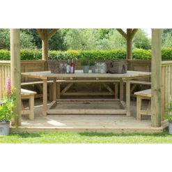 15'x13' (4.7x4m) Luxury Wooden Garden Gazebo With Thatched Roof - Seats Up To 19 People -Zen Gardenia Sales hgg47mctrlcin 4.7m hexagonal gazebo interior2