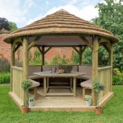 Zen Gardenia Sales 9 13'x12' (4x3.5m) Luxury Wooden Furnished Garden Gazebo With Country Thatch Roof - Seats Up To 15 People