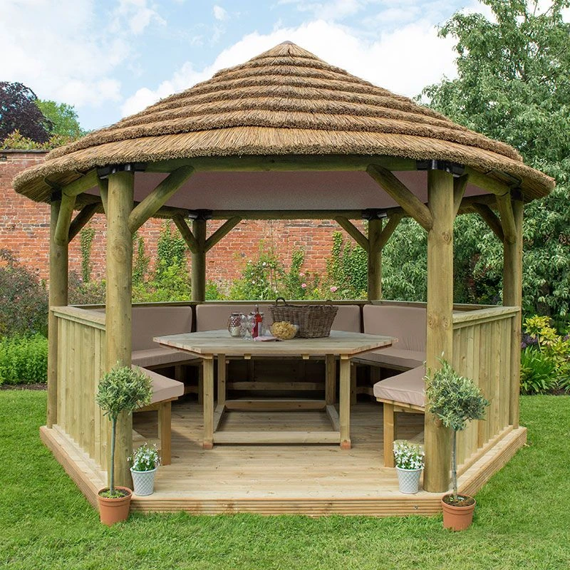 13'x12' (4x3.5m) Luxury Wooden Furnished Garden Gazebo With Country Thatch Roof - Seats Up To 15 People 3 13'x12' (4x3.5m) Luxury Wooden Furnished Garden Gazebo With Country Thatch Roof - Seats Up To 15 People