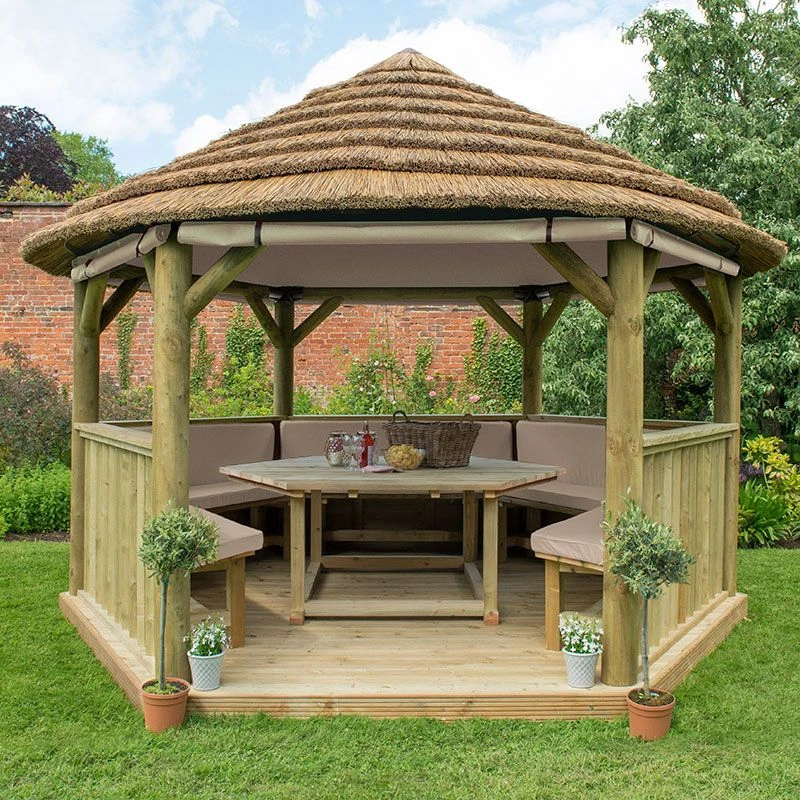 13'x12' (4x3.5m) Luxury Wooden Garden Gazebo With Thatched Roof - Seats Up To 15 People 4 13'x12' (4x3.5m) Luxury Wooden Garden Gazebo With Thatched Roof - Seats Up To 15 People - Image 2