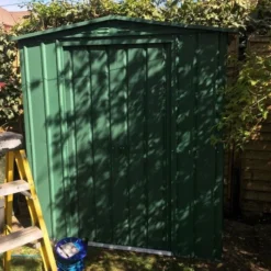6' X 5' Globel Heritage Green Apex Metal Shed (1.84m X 1.54m) -Zen Gardenia Sales lotus6x5hgs 6x5 lotus green apex metal shed insitu2 min
