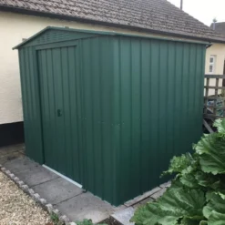 8' X 6' Globel Heritage Green Apex Metal Shed (2.45m X 1.85m) -Zen Gardenia Sales lotus8x6hgs 8x6 lotus green apex metal shed insitu min