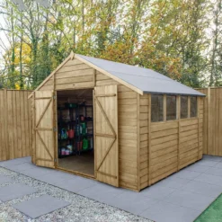 10' X 10' Forest 4Life 25yr Guarantee Overlap Pressure Treated Double Door Apex Wooden Shed (3.2m X 3.02m)