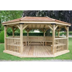17'x12' (5.1x3.6m) Premium Oval Furnished Wooden Garden Gazebo With New England Cedar Roof - Seats Up To 22 People