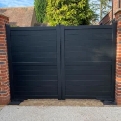 Exeter Premium Aluminium Driveway Double Gates - Black -Zen Gardenia Sales rmg002dgblack exeter premium aluminium double swing gate insitu5 min 1