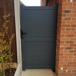 Exeter Premium Aluminium Side Gate - Grey -Zen Gardenia Sales rmg002pggrey exeter premium aluminium pedestrian gate insitu2 min
