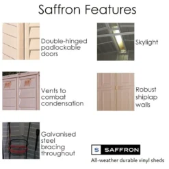 8' X 8' Saffron Plastic Vinyl Apex Shed (Includes Foundation Kit And Skylight) (2.39m X 2.39m) 10 8' X 8' Saffron Plastic Vinyl Apex Shed (Includes Foundation Kit And Skylight) (2.39m X 2.39m) -Zen Gardenia Sales saffron features min 2 1