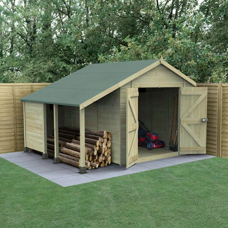 10' X 8' Forest Timberdale 25yr Guarantee Tongue & Groove Pressure Treated Windowless Double Door Apex Shed With Logstore (3.07m X 2.36m) 3 10' X 8' Forest Timberdale 25yr Guarantee Tongue & Groove Pressure Treated Windowless Double Door Apex Shed With Logstore (3.07m X 2.36m)