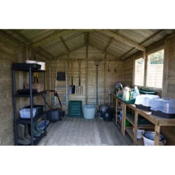 10' X 8' Forest Timberdale 25yr Guarantee Tongue & Groove Pressure Treated Double Door Apex Shed With Logstore (3.07m X 2.36m) -Zen Gardenia Sales tpa810ddmls 10x8 dd rapex ls close up19 min 1