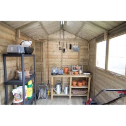 8' X 6' Forest Timberdale 25yr Guarantee Tongue & Groove Pressure Treated Apex Shed With Logstore (2.5m X 1.83m) -Zen Gardenia Sales tpa86mls 8x6 apex ls close up15 min 1